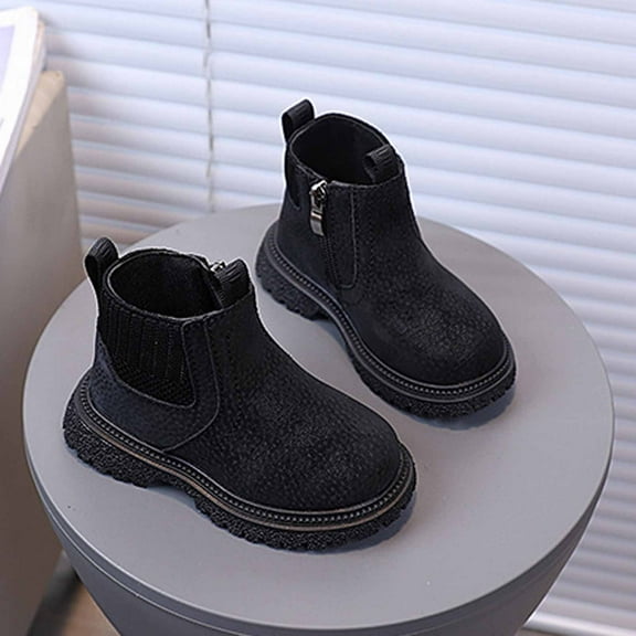 Wide Calf Boots,Girls Boots Stylish Soft Sole Short Leather for Children Comfortable Booties for Everyday,Wedge Boots,07 Black,3.5-4 Years