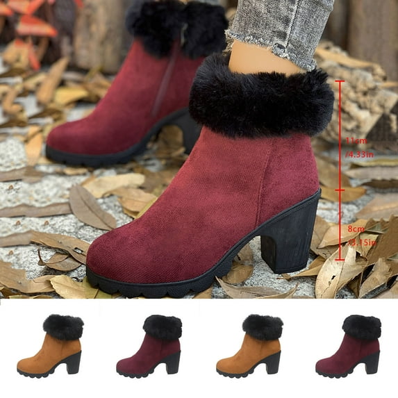 Wide Calf Boots for Women Fashionable Casual Winter Chunky Heel Plus Velvet Warm Short Boots Solid Color Round Toe High Heel Ankle Boots