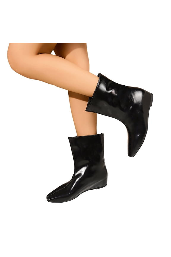 Wide Calf Boots for Women Plus Size Fashion Square Toe Slip on Hidden Wedge Mid Calf Booties Stitching Leather Pull on Ankle Booties Black 7