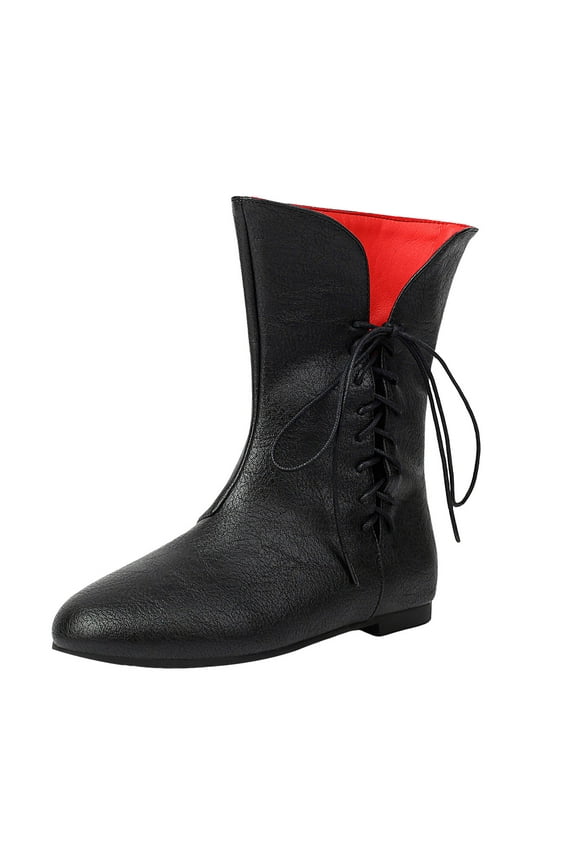 Wide Calf Boots for Women Side Lace up Flats Casual Soft Leather Short Booties Round Toe Mid Calf Boots