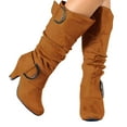 thumbnail image 1 of Wide Calf Boots for Women Slouchy Suede Kitten Heel Dress Mid Calf Booties Side Zipper Buckle Strap Fall Long Boots Brown Size 8.5, 1 of 7