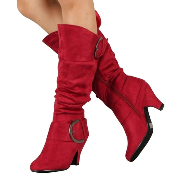 Wide Calf Boots for Women Slouchy Suede Kitten Heel Dress Mid Calf Booties Side Zipper Buckle Strap Fall Long Boots