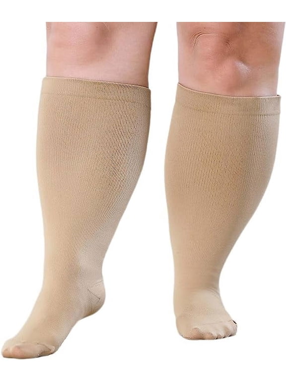 Wide Calf Compression Socks for Women & Men Circulation 20-30mmHg Plus Size Knee High Support Stockings for Medical | Circulation | Nurses | Running | Travel,Beige 3XL