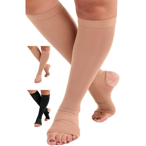 Wide Calf Compression Stockings with Open Toe and Heel 20-30mmHg Beige, 3XL
