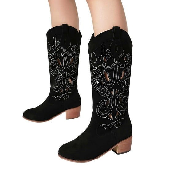 Wide Calf Cowboy Boots for Women Casual Embroidered Hollow out Suede Wide Mid Calf Cowgirl Dress Tall Boots