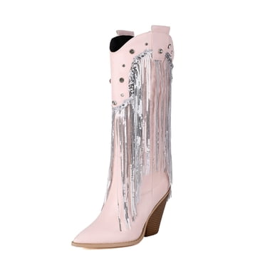 DADAWEN Women's Mid-calf Boots Block Heels Western Cowboy Rhinestones