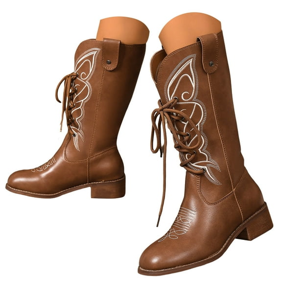 Wide Calf Cowboy Boots for Women Chunky Heel Cowgirl Western Booties Ladies Winter Pull on Fashion Mid Calf Boots