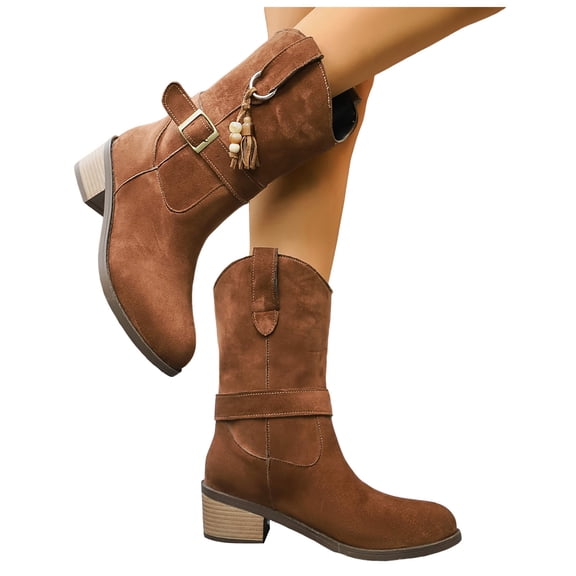 Wide Calf Cowboy Boots for Women Chunky Heel Cowgirl Western Booties Ladies Winter Pull on Fashion Mid Calf Boots