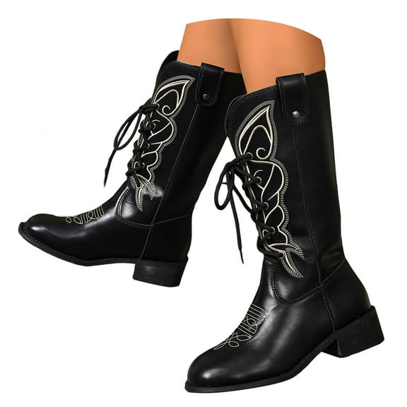 Wide Calf Cowboy Boots for Women Chunky Heel Cowgirl Western Booties Ladies Winter Pull on Fashion Mid Calf Boots