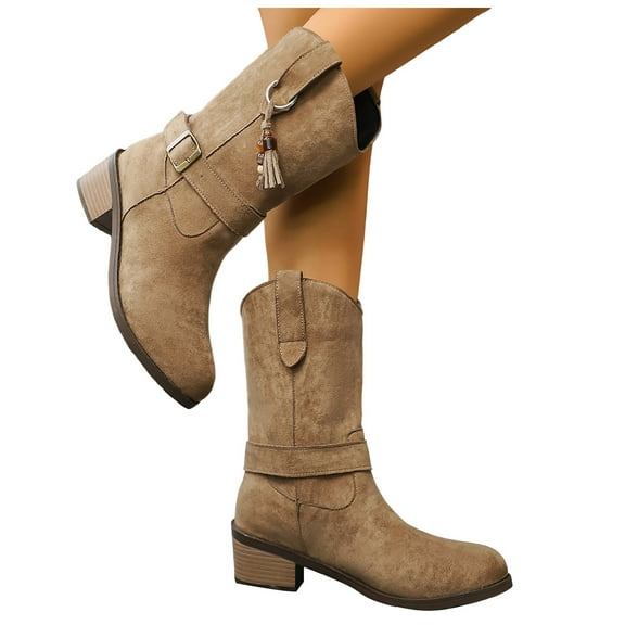 Wide Calf Cowboy Boots for Women Chunky Heel Cowgirl Western Booties Ladies Winter Pull on Fashion Mid Calf Boots