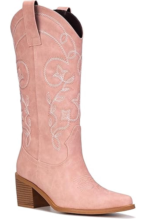Wide Calf Cowboy Boots for Women Embroidered Cowgirl Boots Mid Calf Women's Western Cowboy Boot Fashion Pointy Toe Cowgirl Boot Pull on