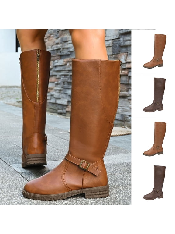 Wide Calf Fall Boots Women's Fashion Casual Winter Long Boots Solid Color Round Toe Side Zipper Chunky Heel Low Heel Knee-High Boots