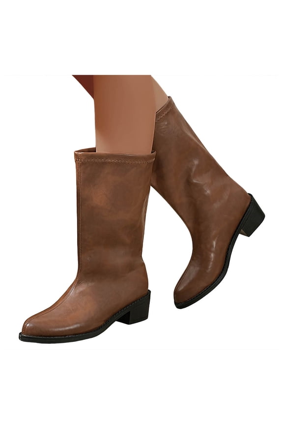 Wide Calf Fall Boots for Women PU Leather Pull on Casual Chunky Heel Mid Calf Riding Booties