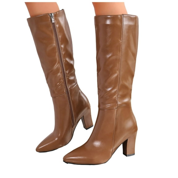 Wide Calf Knee High Boots Women Black Brown Leather Pointed Toe Block Heel Zipper Dressy Long Winter Booties