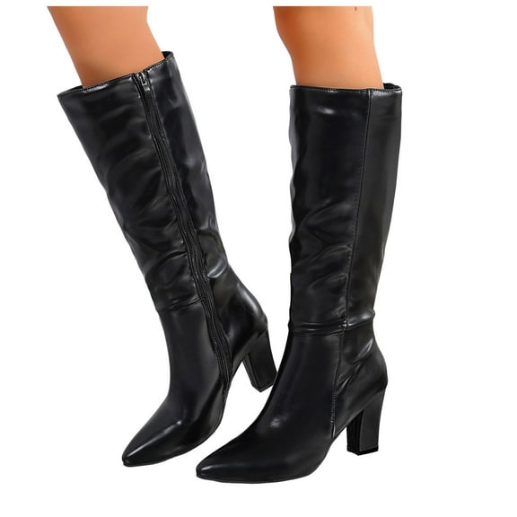 Wide Calf Knee High Boots Women Black Brown Leather Pointed Toe Block Heel Zipper Dressy Long Winter Booties