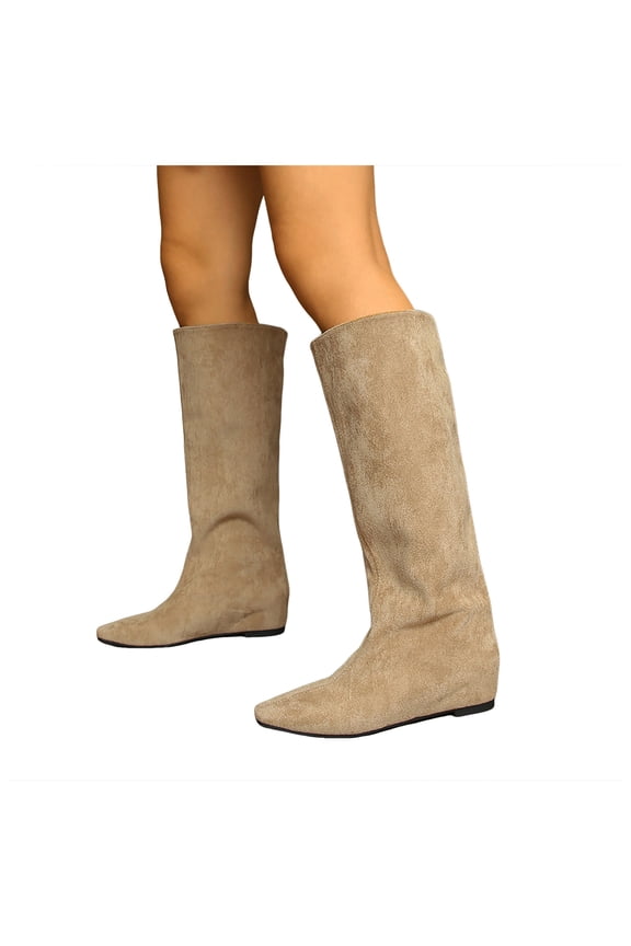 Wide Calf Knee High Boots Women Hidden Wedge Flat Over the Knee Boots Pointed Toe Pull on Thigh High Tall Winter Booties