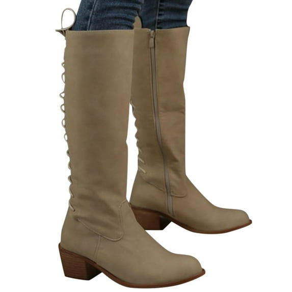 Wide Calf Knee High Boots Women Lace up Retro Leather Round Toe Chunky Stacked Heel Zipper Tall Riding Booties