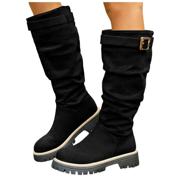 Wide Calf Knee High Boots Women Slouchy Suede Chunky Lug Sole Low Heel Round Toe Trendy Mid Calf Riding Boots Black 9