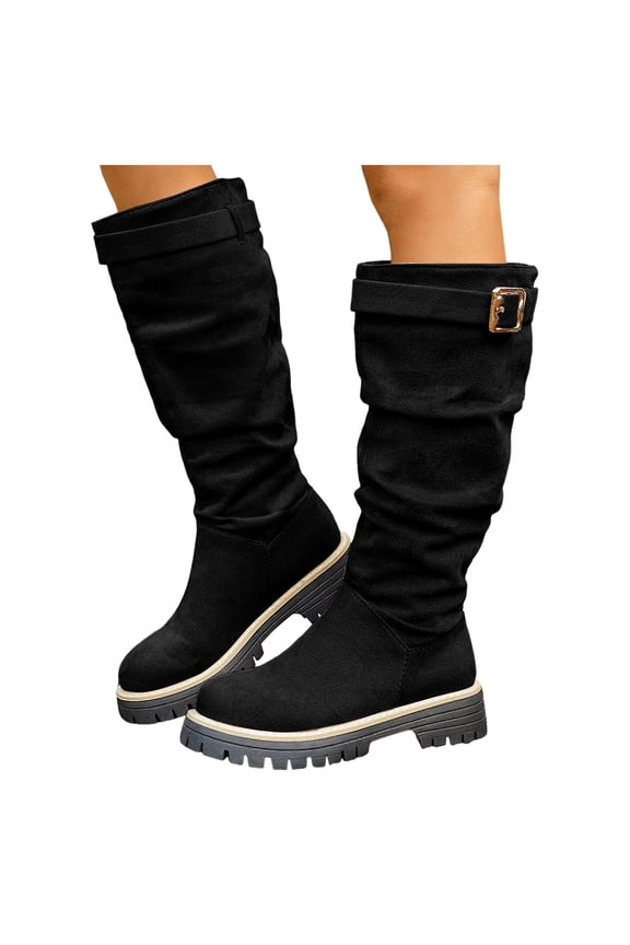 Wide Calf Knee High Boots Women Slouchy Suede Chunky Lug Sole Low Heel Round Toe Trendy Mid Calf Riding Boots Black 9.5