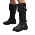 thumbnail image 1 of Wide Calf Knee High Boots Women Zipper Fold Over Leather Tall Riding Booties Round Toe Buckle Strappy Fall Winter Long Boots, 1 of 7