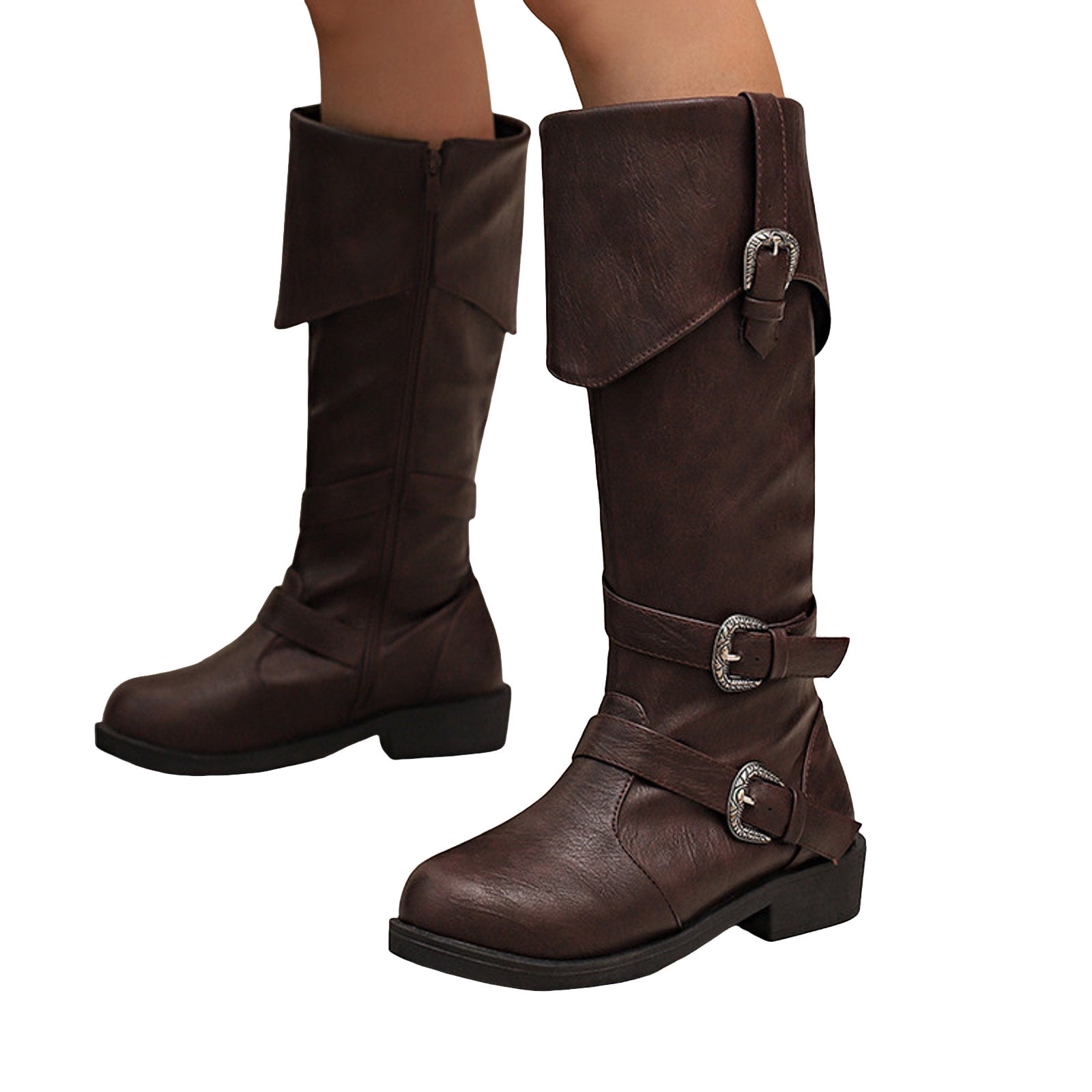 Wide Calf Knee High Boots Women Zipper Fold Over Leather Tall
