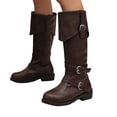 thumbnail image 1 of Wide Calf Knee High Boots Women Zipper Fold Over Leather Tall Riding Booties Round Toe Buckle Strappy Fall Winter Long Boots, 1 of 7