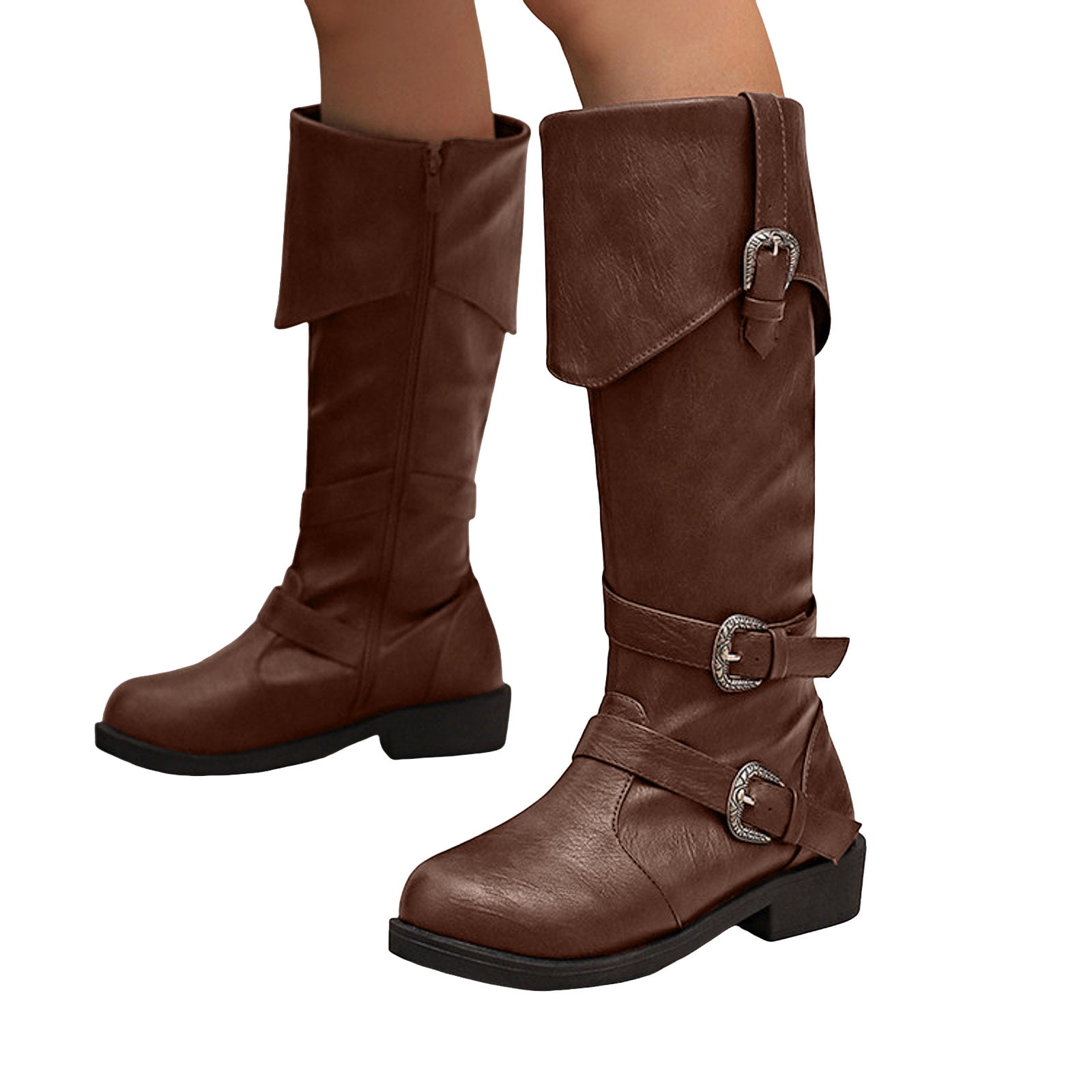 Wide Calf Knee High Boots Women Zipper Fold Over Leather Tall