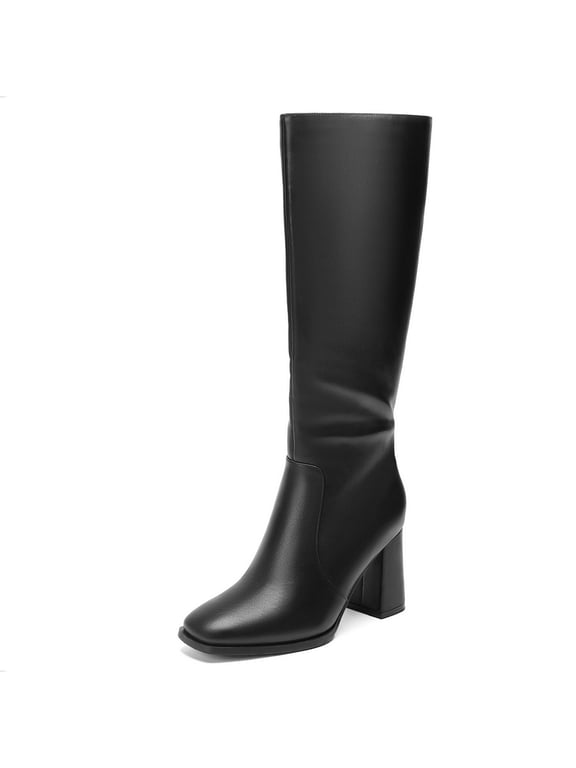 Wide Calf Knee High Boots for Women Square Toe 3.3-Inch Chunky Heel Tall Boots Side Zipper Long Boots