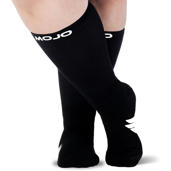 Wide Calf Mojo Unisex Compression Socks 20-30mmHg for Airplane, Black, 2X-Large
