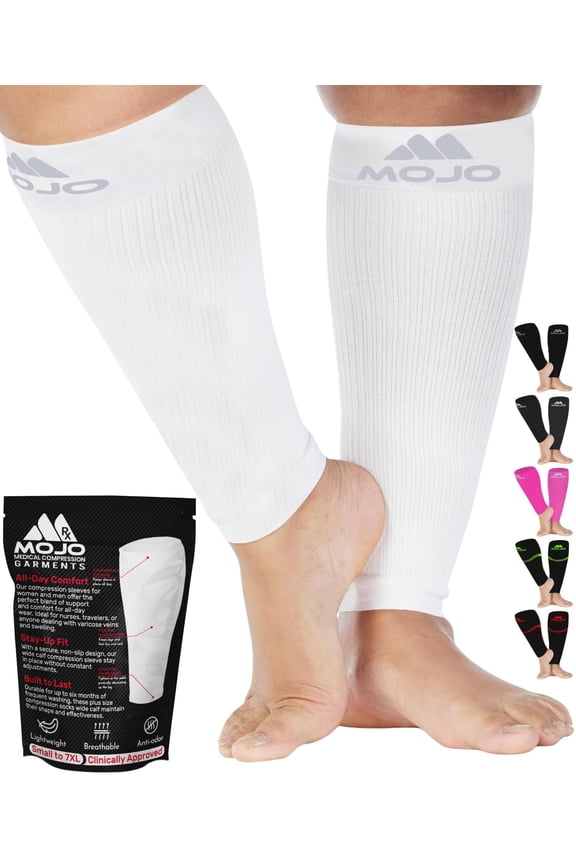 Wide Calf Mojo Unisex Footless Compression Socks 20-30mmHg - White, 3X-Large