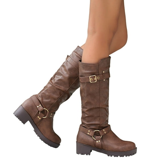 Wide Calf Motorcycle Boots for Women Pull on Vintage Slouchy Leather Fashion Buckle Strap Lug Sole Chunky Heel Mid Calf Riding Booties Coffee Size 9.5