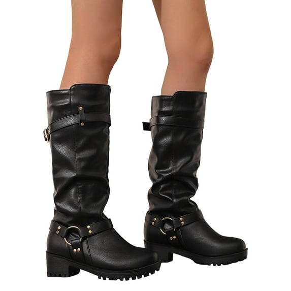 Wide Calf Motorcycle Boots for Women Pull on Vintage Slouchy Leather Fashion Buckle Strap Lug Sole Chunky Heel Mid Calf Riding Booties Black Size 6.5