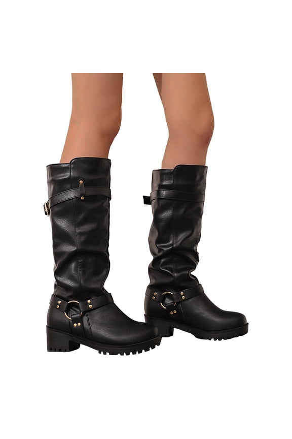 Wide Calf Motorcycle Boots for Women Pull on Vintage Slouchy Leather Fashion Buckle Strap Lug Sole Chunky Heel Mid Calf Riding Booties Black Size 9
