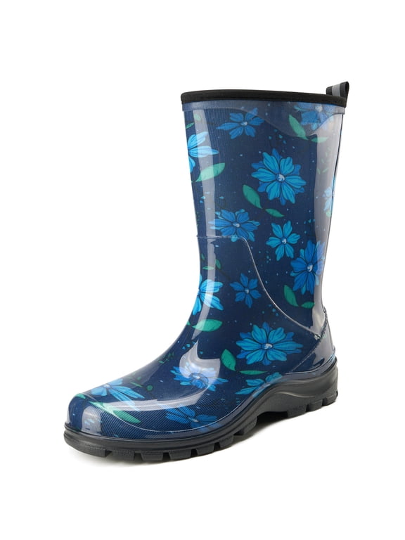 Wide Calf Rain Boots for Women, Waterproof Non-Slip Rubber Garden Boots for Outdoor Gardening Rainy Days, Blue Flower, Size 9