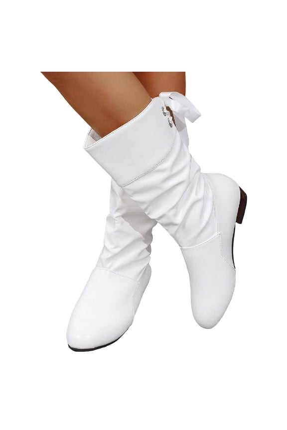 Wide Calf Riding Boots for Women Lace up Splice Slouchy Leather Low Stacked Heel Round Toe Pull on Winter Fall Mid Calf Booties