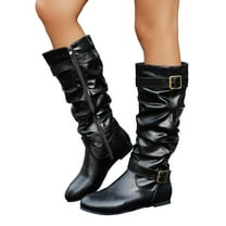 Wide Calf Slouchy Boots for Women Round Toe Mid Calf Flat Fall Winter Booties Trendy Buckle Strap Motorcycle Riding Long Boots