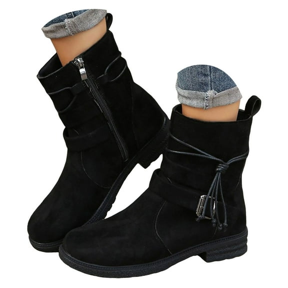 Wide Calf Suede Riding Boots for Women Vintage Round Toe Buckle Strappy Zipper Fall Winter Ankle Booties Short Motorcycle Boots