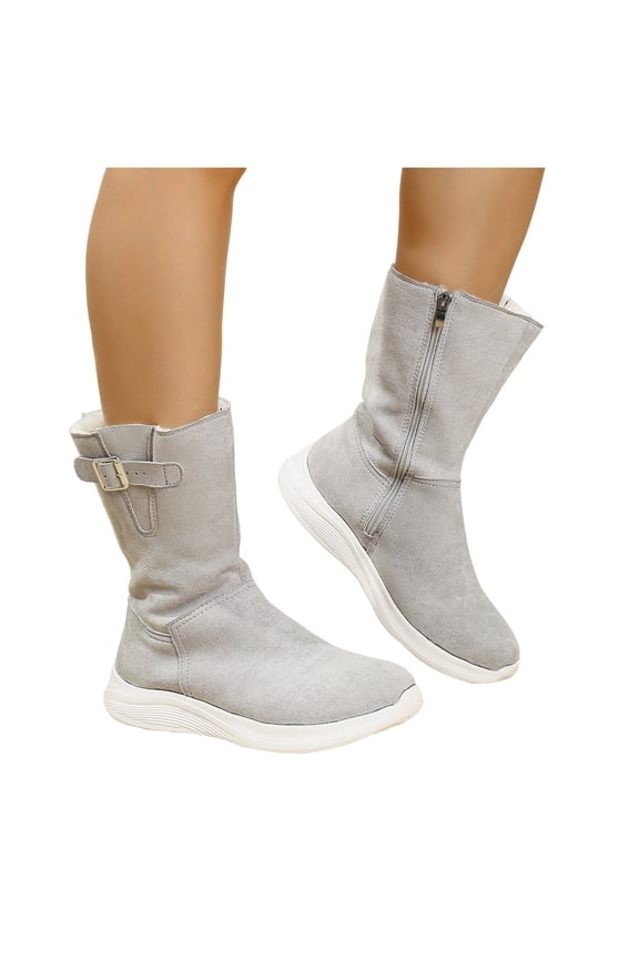 Wide Calf Winter Snow Booots for Women Suede Furry Lined Zipper Flat Casual Mid Calf Booties Outdoor Non Slip Sneakers