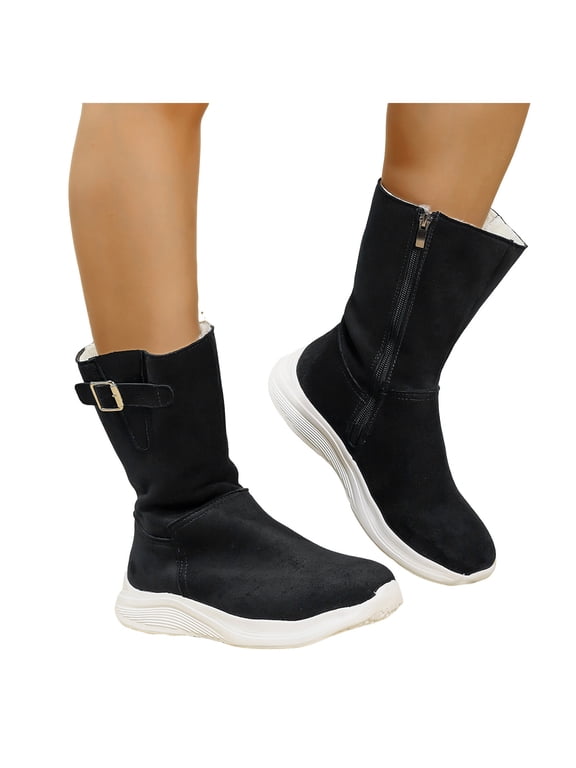 Wide Calf Winter Snow Booots for Women Suede Furry Lined Zipper Flat Casual Mid Calf Booties Outdoor Non Slip Sneakers