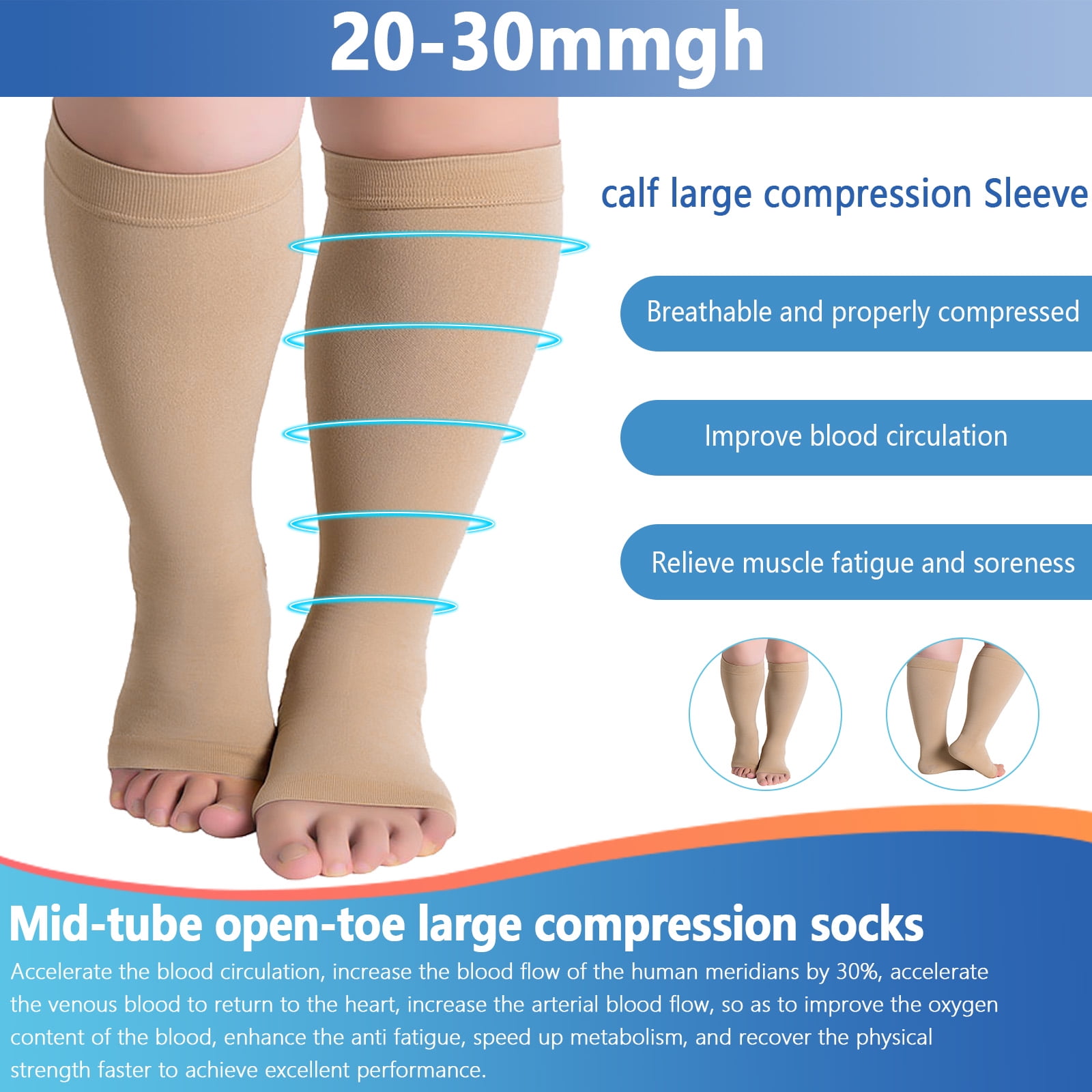 Wide Calves Compression Socks for Women and Men 2030mmHg Open Toe