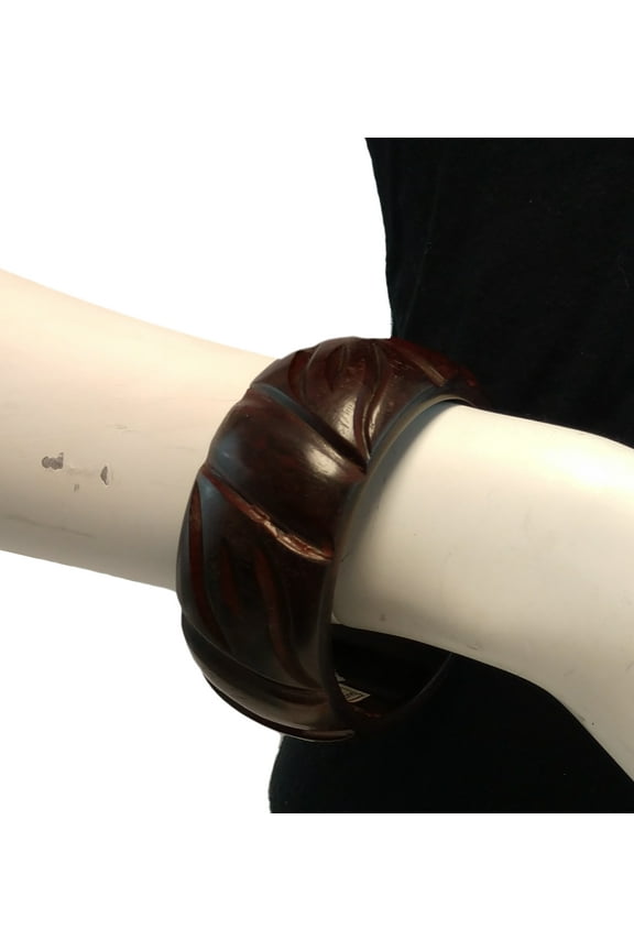 Wide Chunky Redwood Brown Carved Natural Wood Bangle Bracelet Womens Standard Size