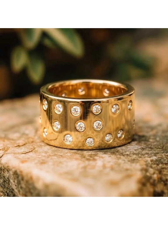 Wide Cigar Band Ring, Scattered Moissanite Statement Ring, Gold Plated Silver Chunky Ring, Flush Set Celestial Band, Alternative Wedding Ring, Thick Stacking Band