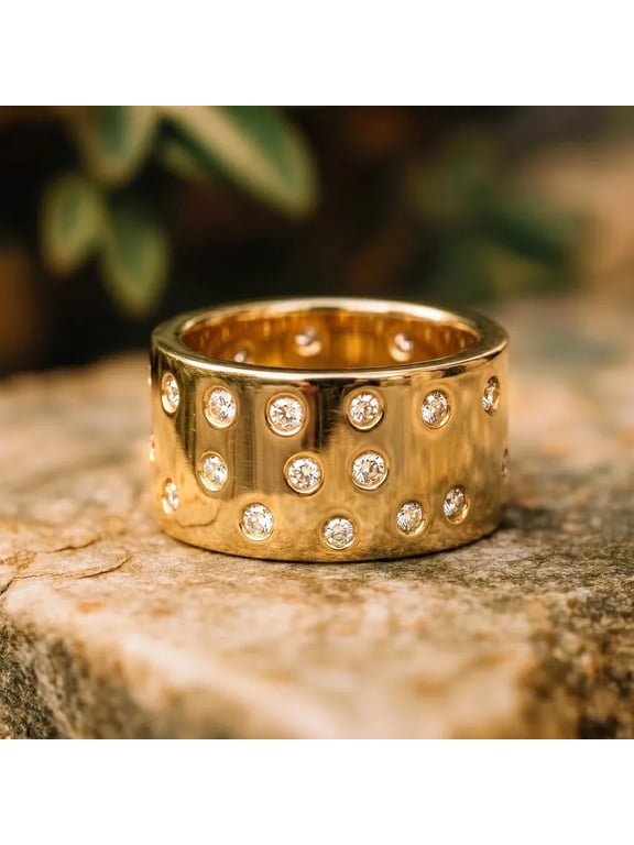 Wide Cigar Band Ring, Scattered Moissanite Statement Ring, Gold Plated Silver Chunky Ring, Flush Set Celestial Band, Alternative Wedding Ring, Thick Stacking Band