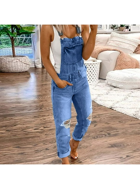 Wiueurtly Overalls Faded Glory,Womens Straight Leg Jeans,Casual Women's Denim Rompers Overalls Ripped Washed Bib Jumpsuits Jeans