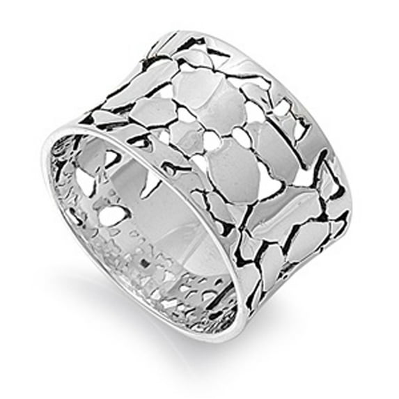 Wide Cracked Nugget Wedding Ring .925 Sterling Silver Modern Band Jewelry Female Male Unisex Size 7