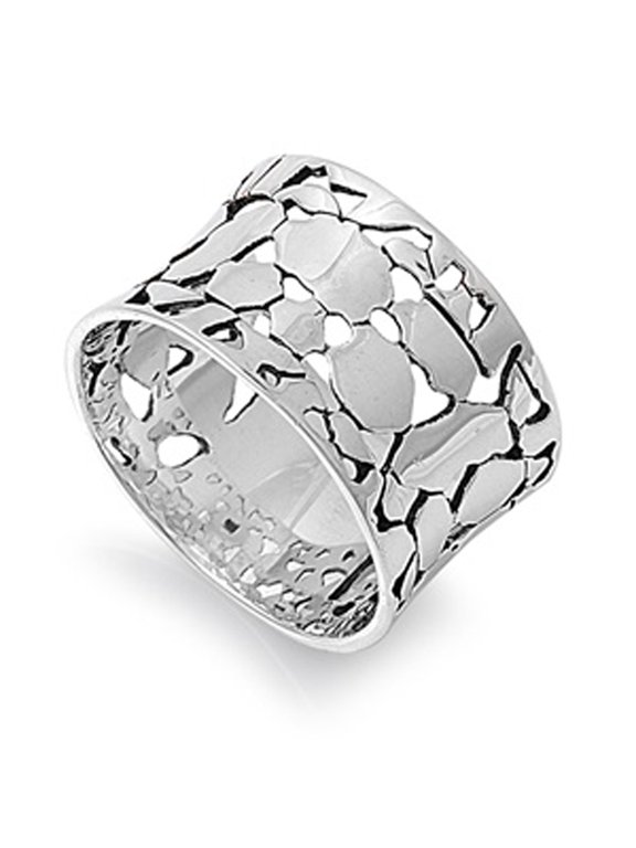 Wide Cracked Nugget Wedding Ring .925 Sterling Silver Modern Band Jewelry Female Male Unisex Size 7