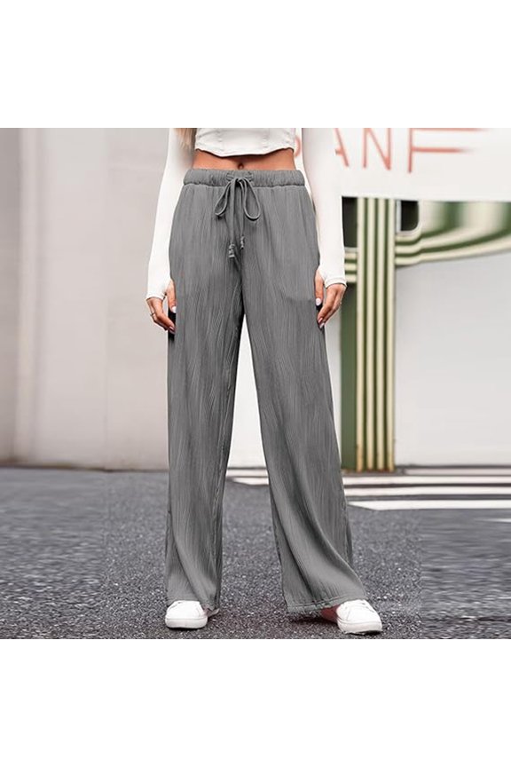 Wide Crinkle Trousers Women's Wide Long Casual Trousers Elastic Waist High Waist Comfortable Casual Trousers Jogging Pants for Women Womens Summer Outfits Drawstring Casual Pants Women Womens Casual
