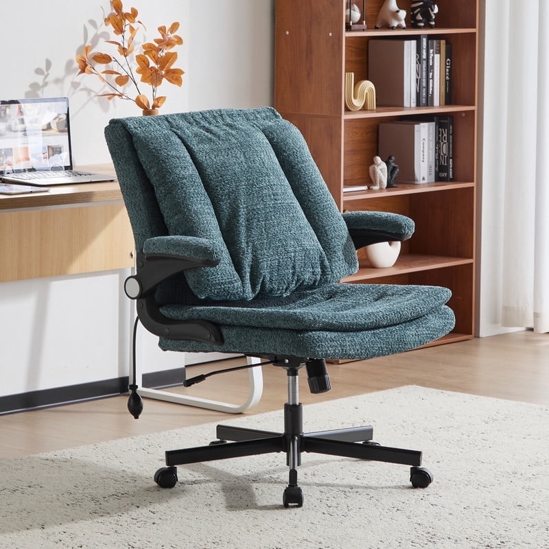 Wide Criss Cross Chair with Flip Up Back Cushion and Arms, Ergonomic Cross Legged Office Chair with Dynamic Lumbar Support, Upholstered Swivel Rolling Vanity Chair for Customized Comfort