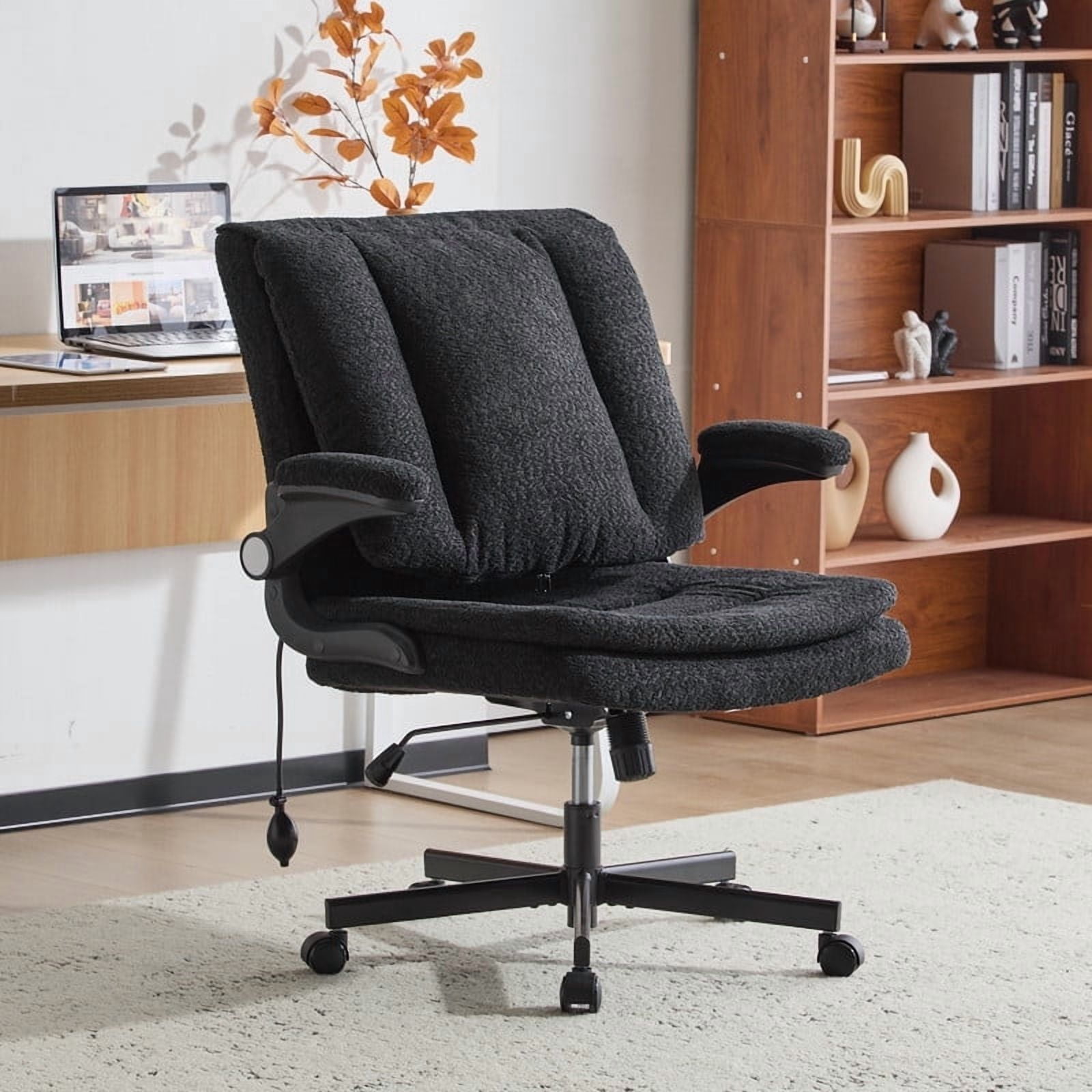 Wide Criss Cross Chair with Flip Up Back Cushion and Arms, Ergonomic Cross Legged Office Chair with Dynamic Lumbar Support, Upholstered Swivel Rolling Vanity Chair for Customized Comfort