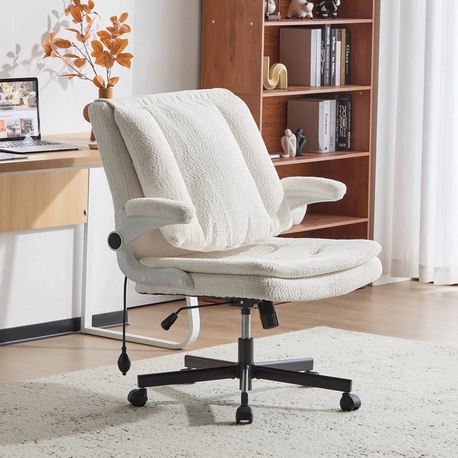 Wide Criss Cross Chair with Flip Up Back Cushion and Arms, Ergonomic Cross Legged Office Chair with Dynamic Lumbar Support, Upholstered Swivel Rolling Vanity Chair for Customized Comfort